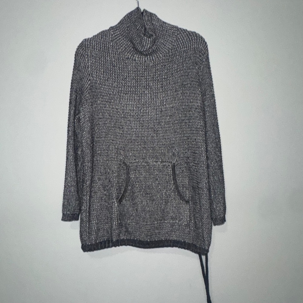 Tribal Womens Grey Black Marled Knit Funnel‎ Neck Kangaroo Pocket Sweater Large